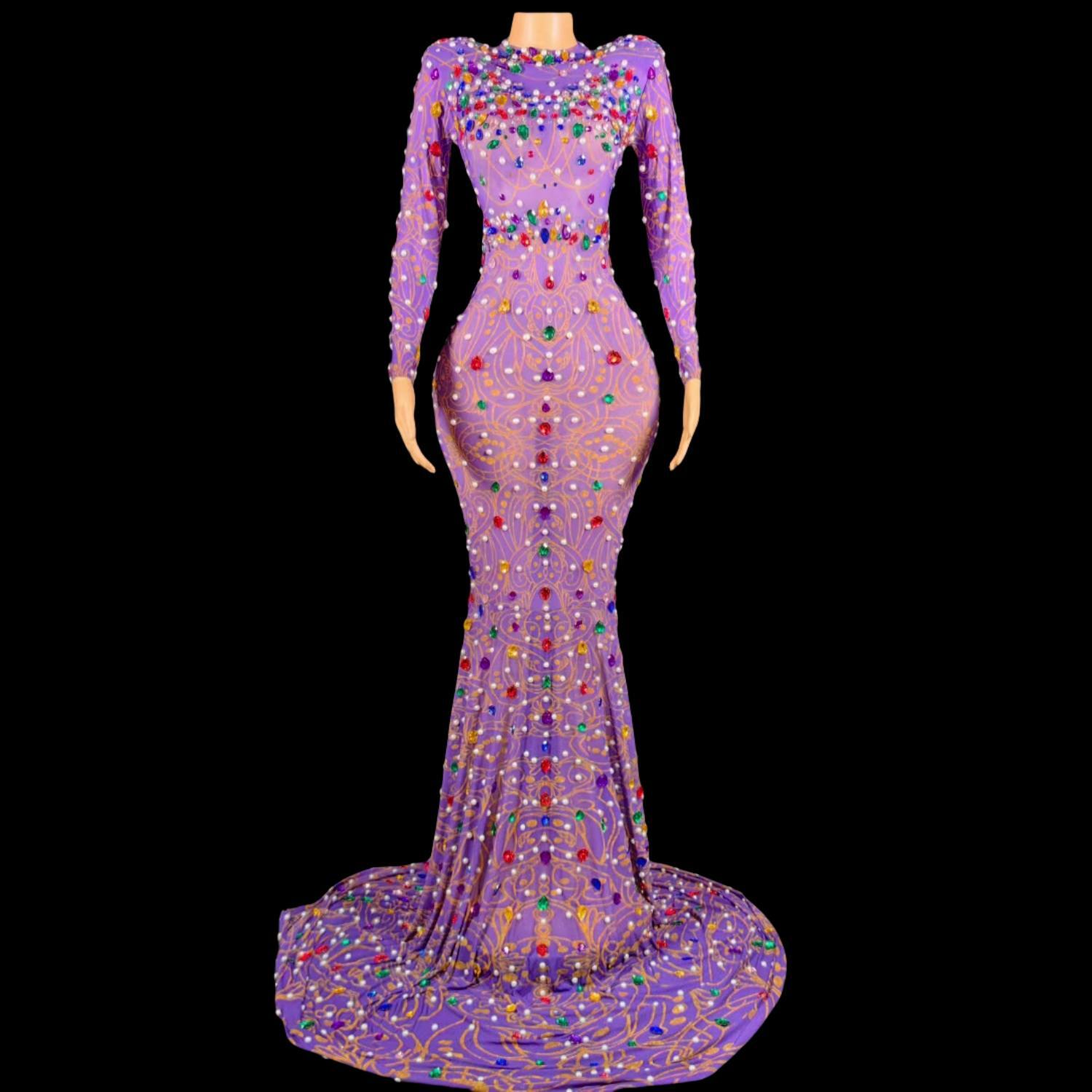 Sparkly Rhinestone Club Party Dress - Błyszcząca Sukienka Syrenka z Fioletowymi Dżetami