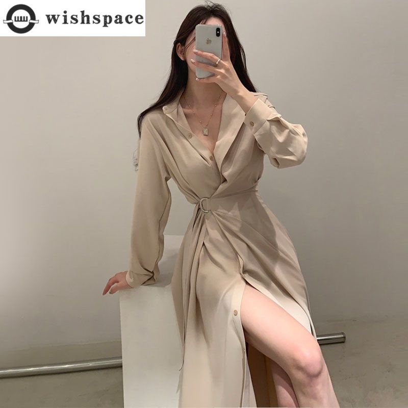 Korean Style A Line Shirt Dress - Sukienka z długim rękawem i klapami