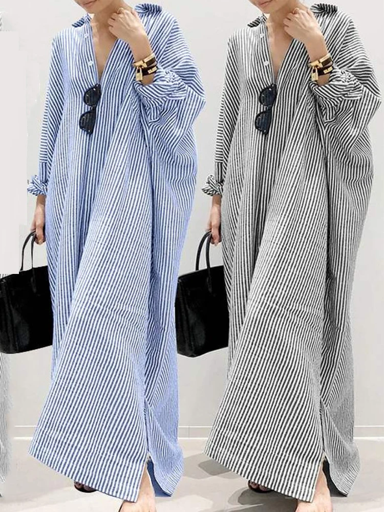 Casual Loose Linen Shirt Dress - Letnia Sukienka Bawełniana Lniana w Paski