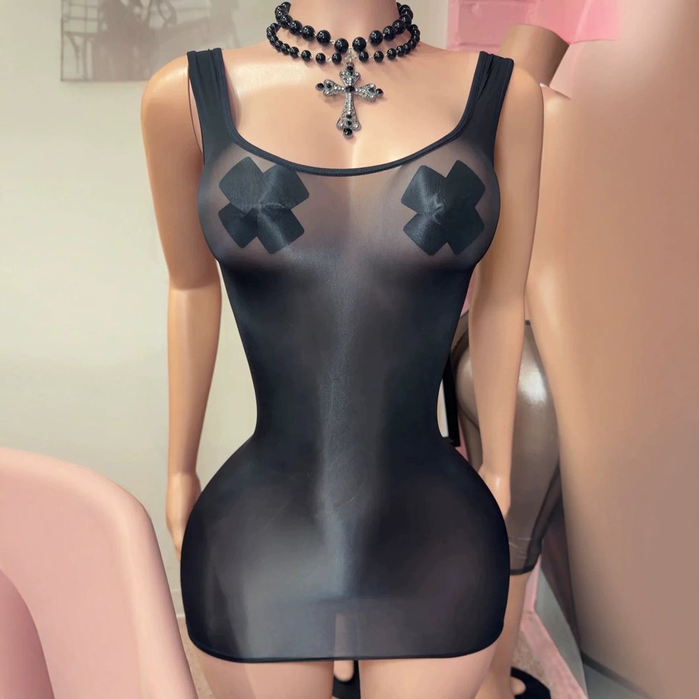 Sexy Mesh Sheer Bodycon Dress - JENYAGE Seksowna, błyszcząca, przezroczysta sukienka mini