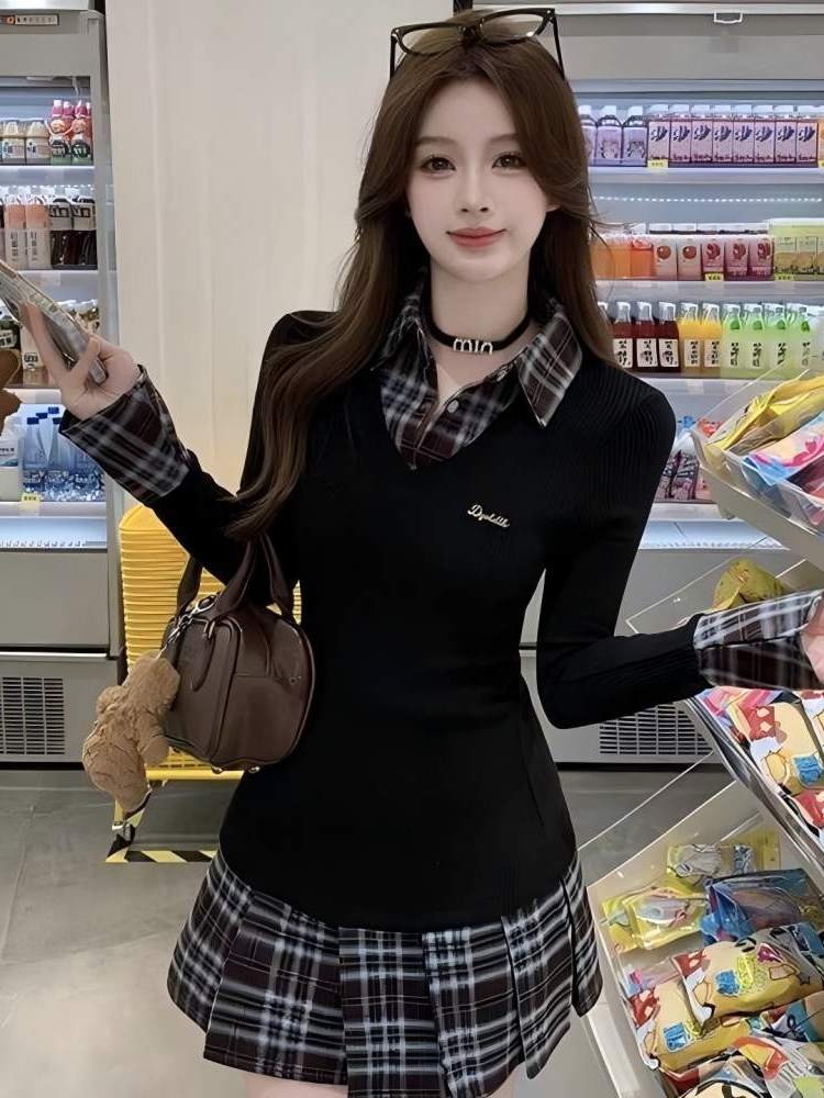 Korean Style A Line Shirt Dress - Sukienka w stylu koreańskim, dopasowana, z