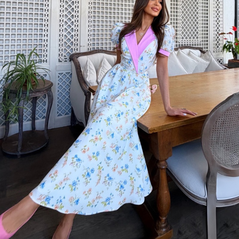 French Vintage Floral Midi Dress - Elegancka sukienka midi z gorsetem i
