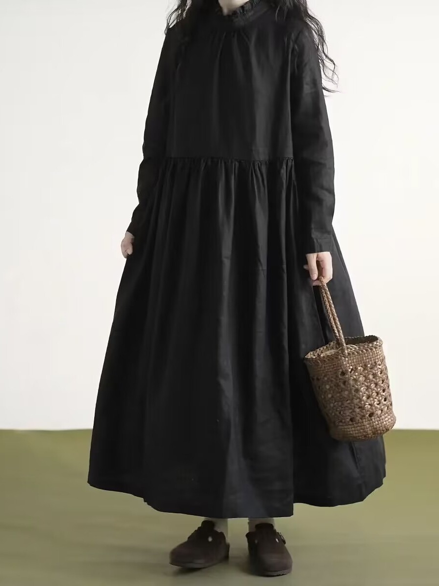 Czarna sukienka z długim rękaw – Casual Loose Linen Shirt Dress recenzja i cena