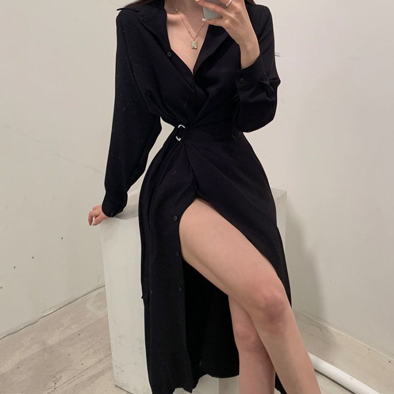 Sukienka z długim rękawem i kl – Korean Style A Line Shirt Dress recenzja i cena