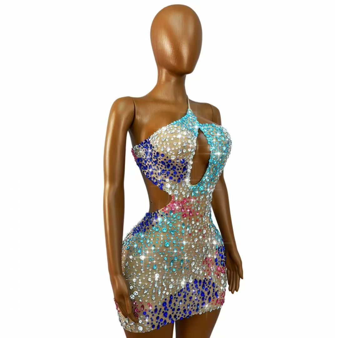 Błyszcząca, kolorowa sukienka  – Sparkly Rhinestone Club Party Dress recenzja i cena